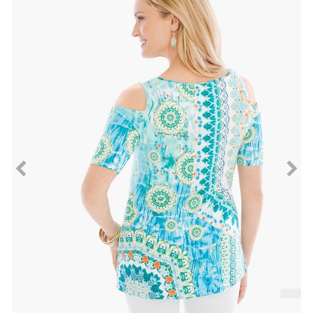 Chico’s Women’s 1 (Medium) Geo Lagoon Cold-Shoulder Top! Lightweight Sof…